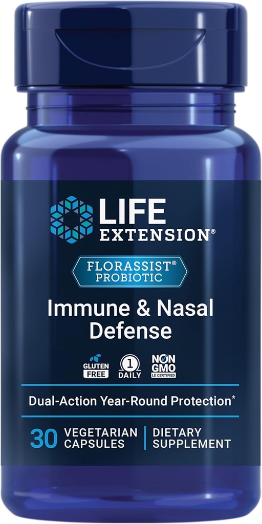 Life Extension FLORASSIST® Immune & Nasal Defense, L. rhamnosus CRL1505, Immune Response, Healthy Nasal Airflow, Seasonal Support, Gluten-Free, Non-GMO, 1 Daily, Vegetarian, 30 Capsules