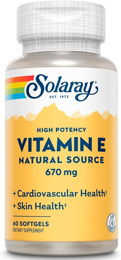 SOLARAY Vitamin E 1000 IU Softgel Capsules, 670 mg - d Alpha Tocopherol Vitamin E Supplements - Skin Health, Heart Function and Antioxidant Support - 60-Day Guarantee - 60 Servings, 60 Softgels