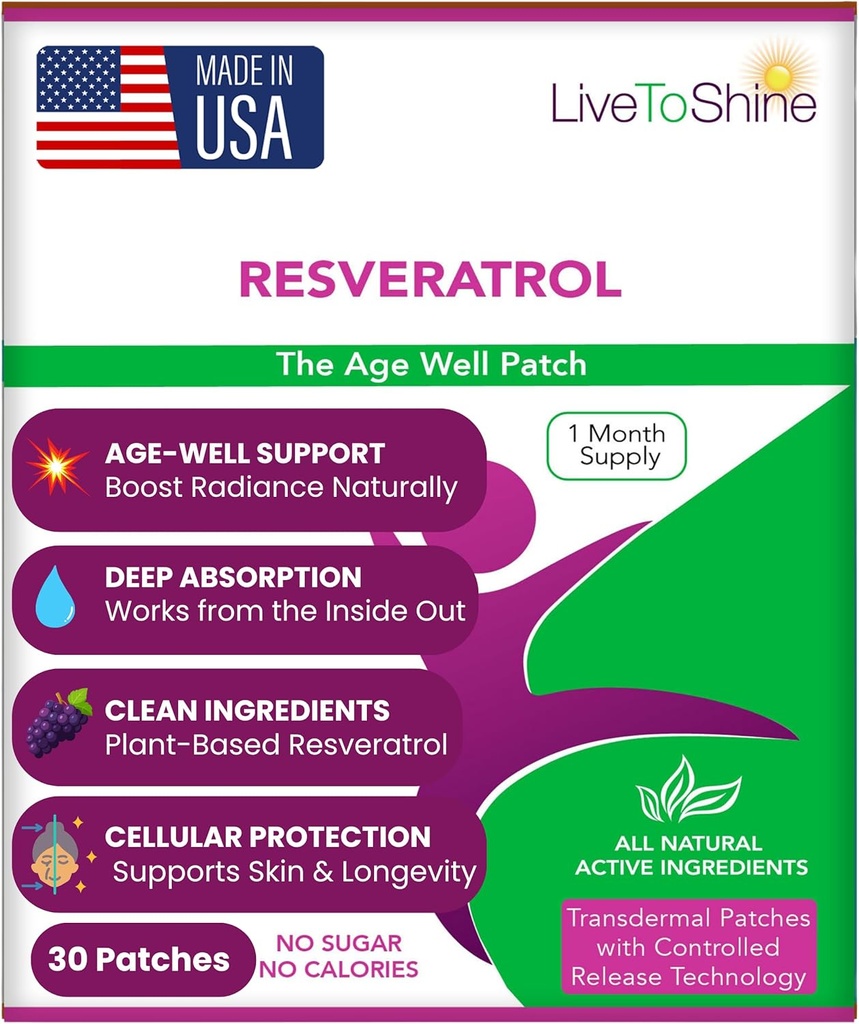 Live To Shine Resveratrol Patch - Transdermal Topical Plant-Based Antioxidant Support for Healthy Aging and Wellness - 30 Patches for Women and Men - USA Made