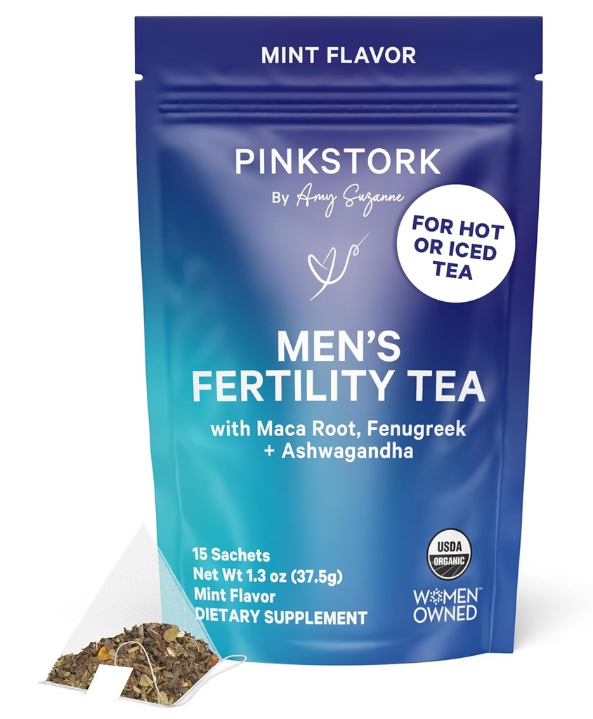 Blue Stork Men's Fertility Tea: Organic Fertility Supplements for Men, Green Tea, Maca Root, and Ginkgo Biloba for Male Reproductive Health, Mint, 15 Sachets