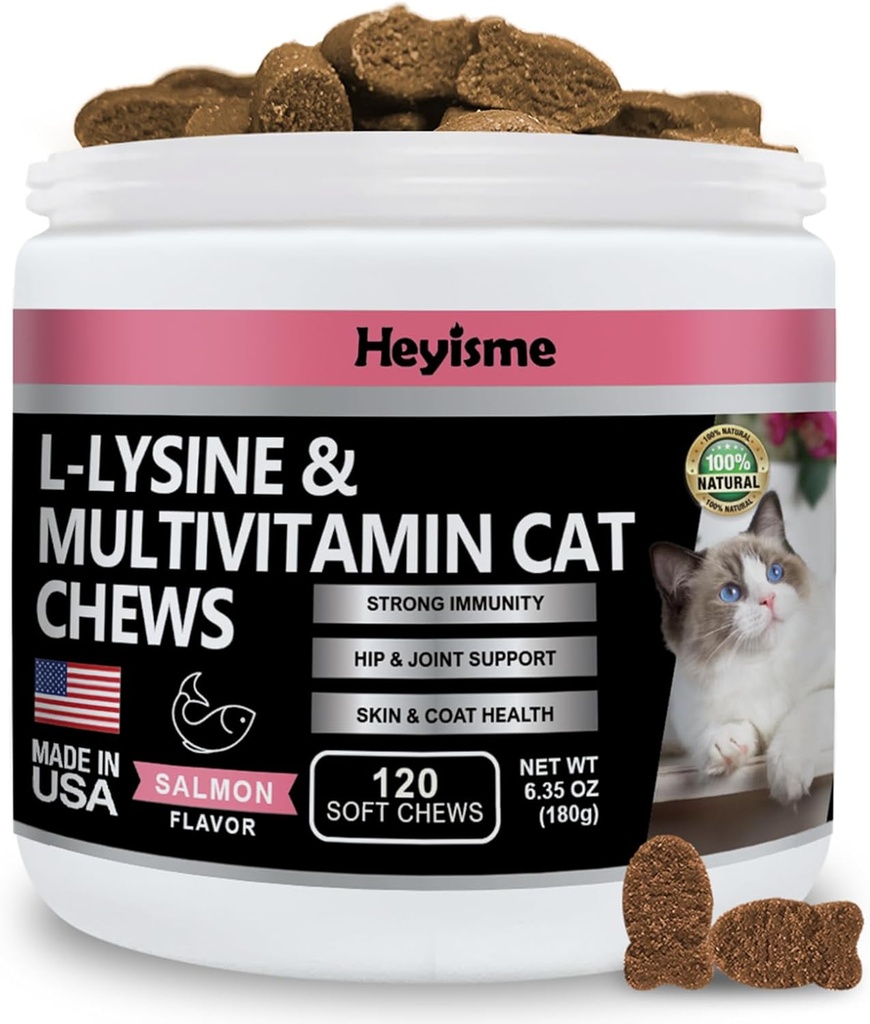 Lysine Supplement for Cats, Cat Treats for Sneezing and Runny Nose, Cold, Cat Immune Support, Eye Function, and Respiratory Health, L-Lysine cat Vitamins for Cats (120 Pills, Salmon)
