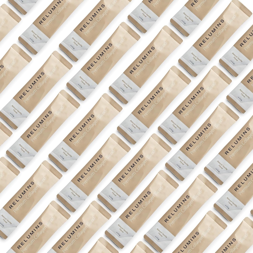 Relumins Marine Collagen Powder Drink Mix - Collagen Peptide with Glutathione, Green Tea, CoQ10, & Hyaluronic Acid Boosts Smooth Glowing Skin - 100 Powder Sachets x Vanilla Flavored + 10 Free Sachets