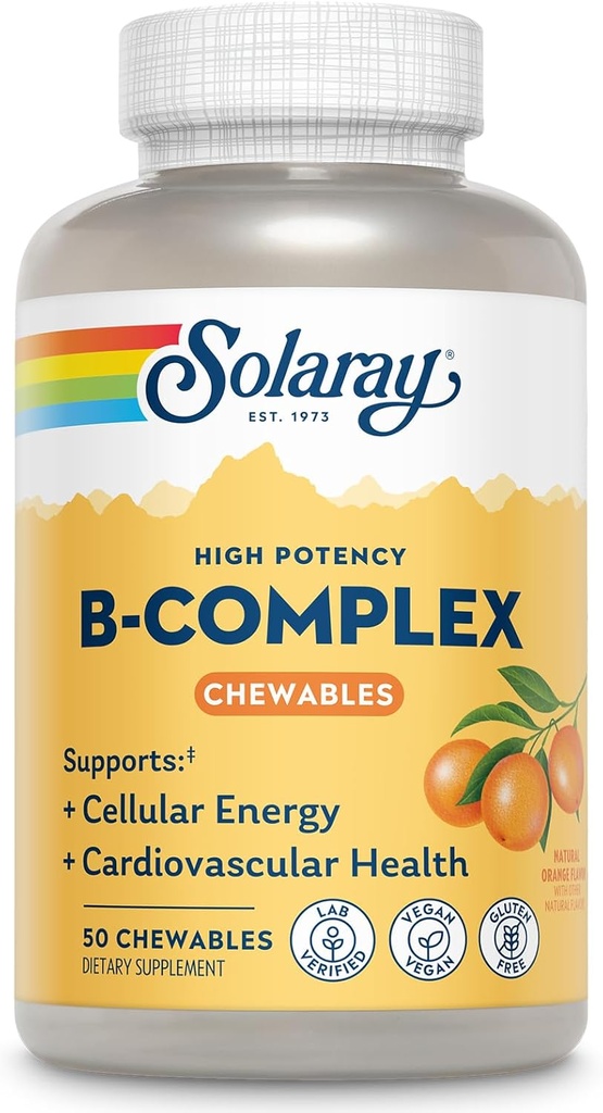 SOLARAY Vitamin B Complex Orange Chewables - High Potency B Complex Vitamins w/VIT B12, B6, B2, Biotin, Folic Acid, Vitamin C, Cellular Energy, Cardiovascular Support, Vegan, Gluten Free, 50 Servings