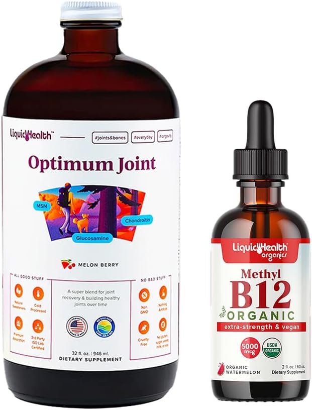 LIQUIDHEALTH Optimum Joint Liquid Supplement & Organic Methyl B12 5000mcg Vitamin Drops with Tart Cherry Juice for Immune Support, Bone & Joint Health, Naturl Energy Boost, Improved Focus & Memory