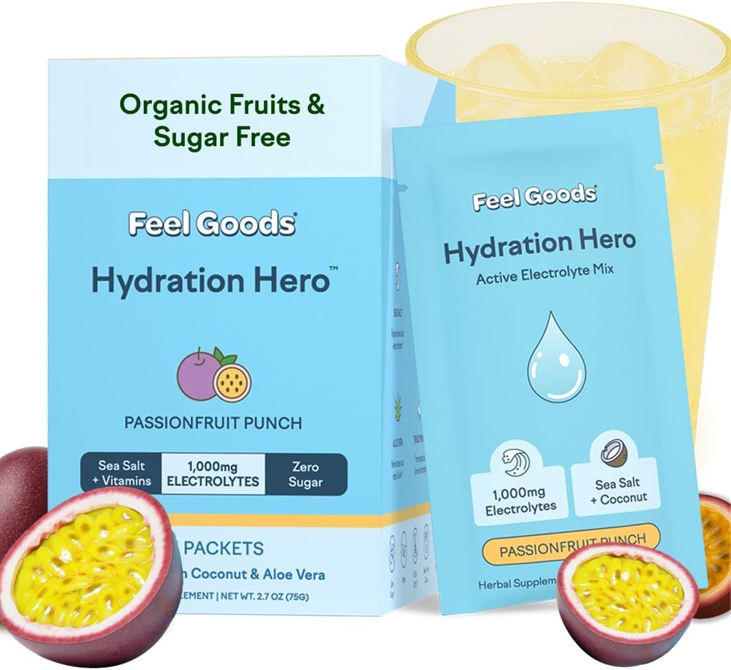 Feel Goods Hydration Hero, 1,000mg Electrolytes Powder, Sugar Free, Magnesium, Organic Aloe Vera, L Theanine, Vitamin C & B12, Keto, Vegan, Electrolyte Packets, Passion Fruit Punch, 15 Count