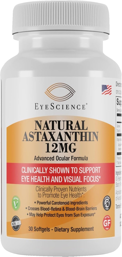 EyeScience Astaxanthin 12mg, Non-GMO, Gluten Free, 30-Count