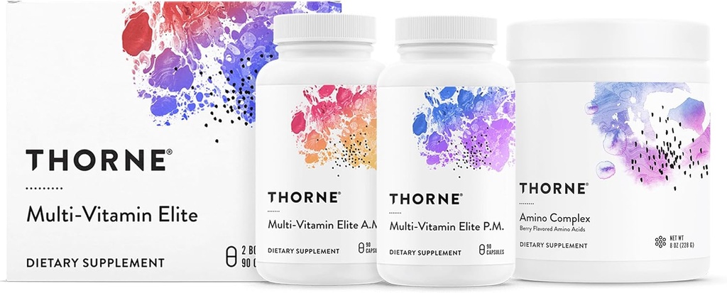 THORNE - Multi-Vitamin Elite AM & PM (180 Capsules) & Amino Complex (Berry, 8 Oz) Bundle - Supports Energy Production & Athletic Performance - Gluten, Dairy & Soy-Free