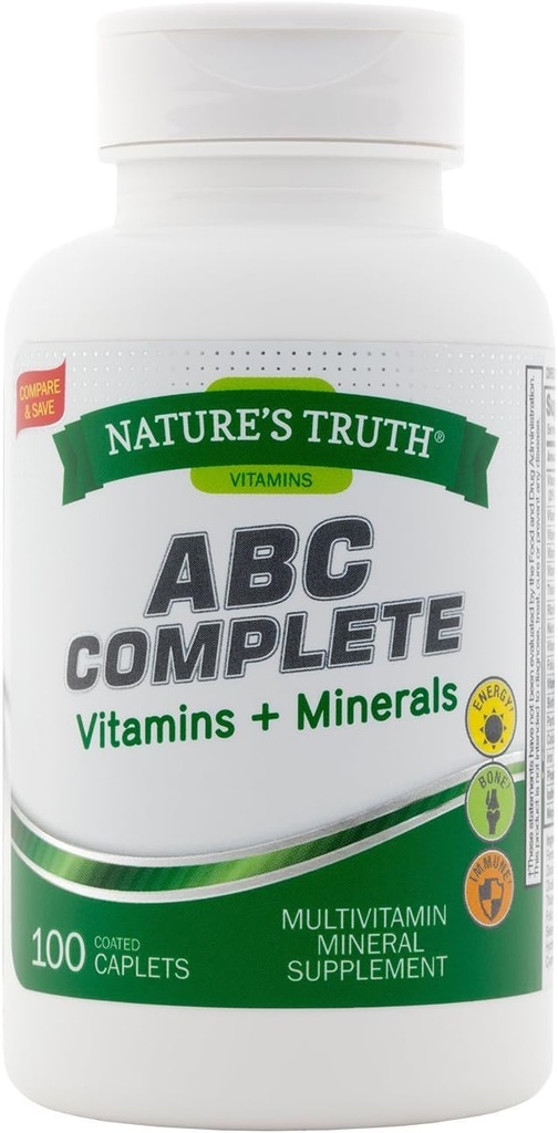 Nature's Truth ABC Complete Vitamins + Minerals Multivitamin Mineral Supplement - 100 Coated Caplets, Pack of 2