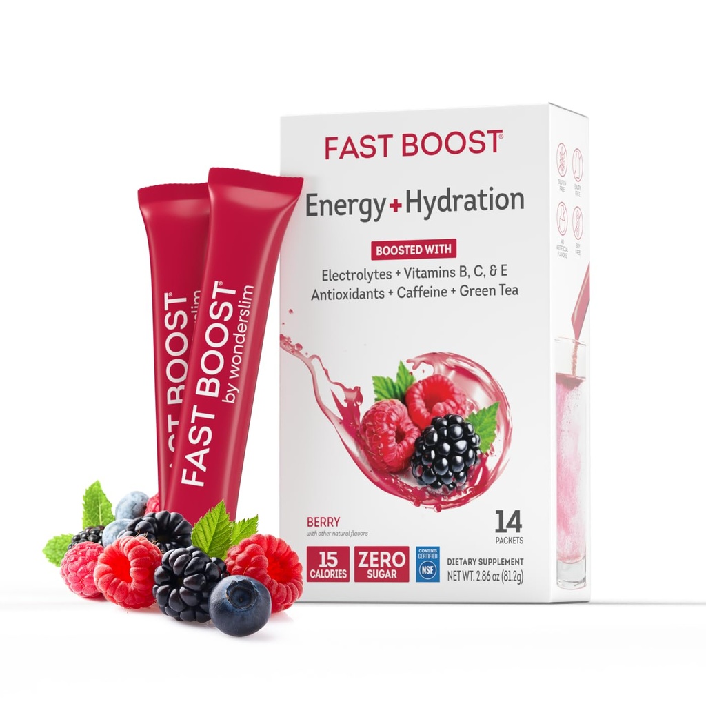 FAST BOOST Energy & Hydration Drink Mix - Berry | Sugar Free Electrolyte Powder Packets with Antioxidants, Green Tea Extract, B Vitamins, Vitamin C & E | 14 Stick Packs