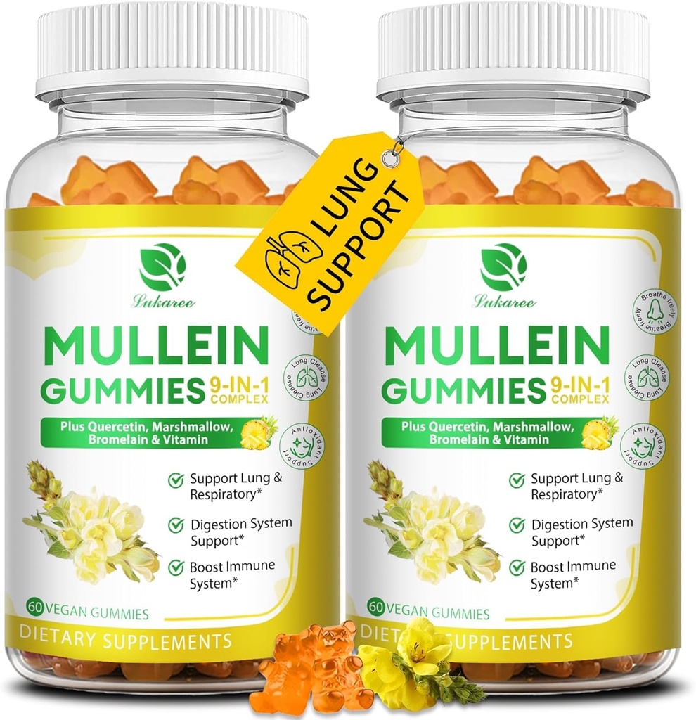(2 Pack) 9 in 1 Mullein Gummies for Lung Cleanse & Lymphatic Drainage*, Extra Strength Mullein Leaf Extract w/Quercetin, Bromelain, Elderberry & Marshmallow for Respiratory & Immunity,Vegan,120 Count