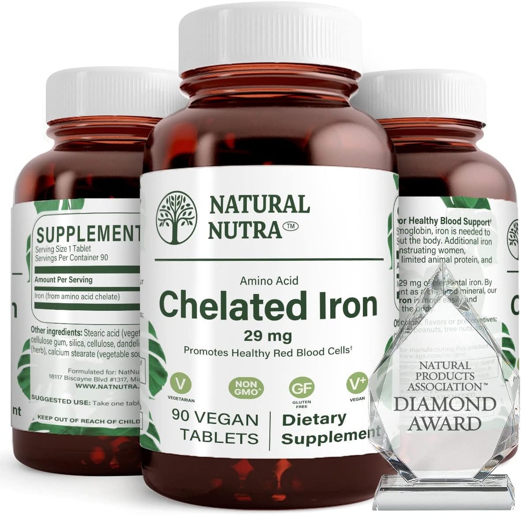 Natural Nutra Chelated Iron Supplement for Men and Women, Nails Health, Helps Enhance Iron Level, Promotes Optimal Absorption, Skin Health, Improves Hair Growth, Gluten Free, 90 Tablets