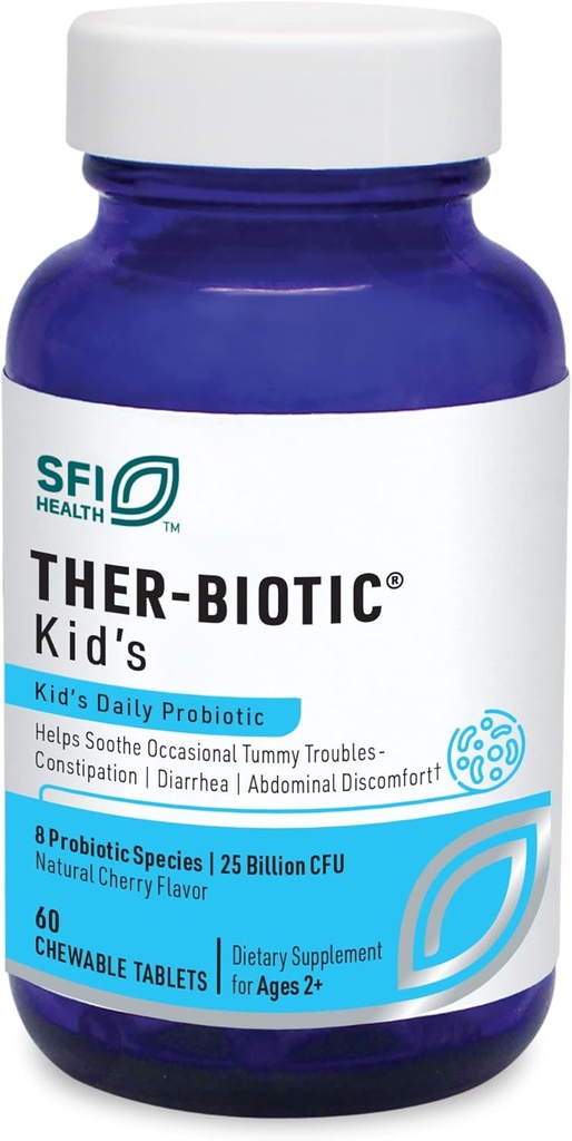 Klaire Labs SFI Health Ther-Biotic Kids Probiotic Chewables - Hypoallergenic Probiotics for Kids - 25 Billion CFU in Prebiotic Inulin - Cherry-Flavored (60 Chewable Tablets)