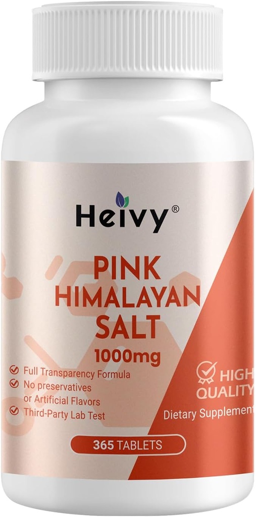 Heivy Pink Himalayan Salt Tablets 1000mg - Sodium Chloride 988mg, Non-GMO, Mineral-Rich Electrolyte Balance and Hydration, 365 Salt Tablets-Eectrolyte Supplement
