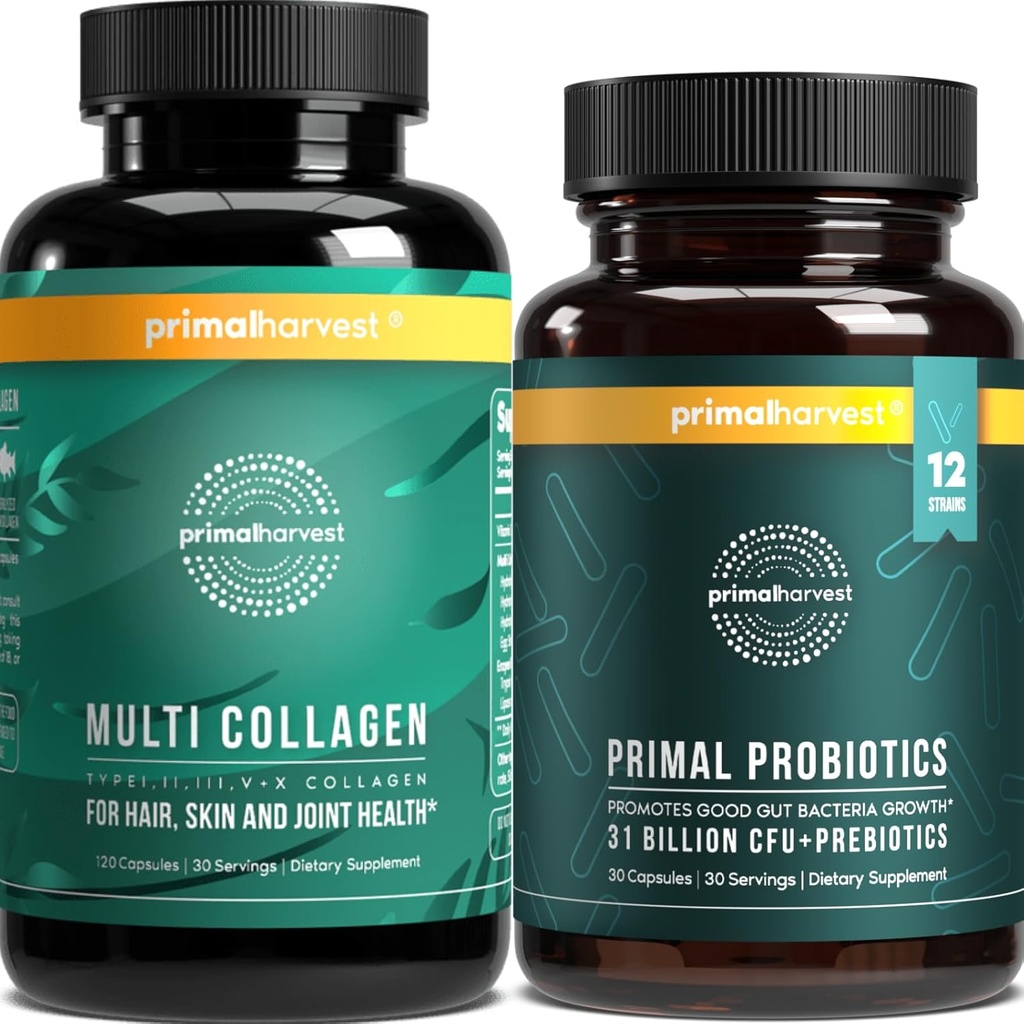 Primal Harvest Probiotics & Multi Collagen Supplements for Women and Men Pre and Probiotics with 31 Billion CFU and Collagen Peptides Pills Bundle