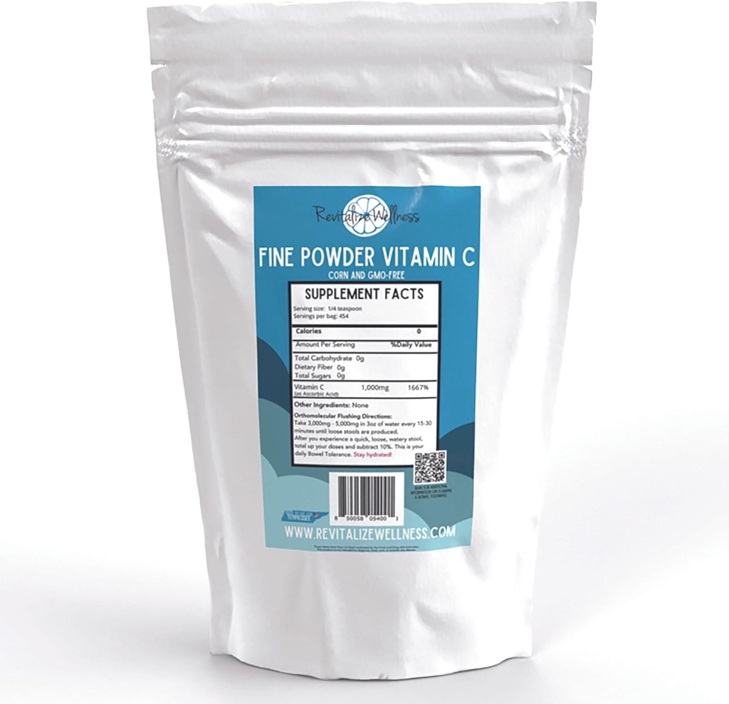 Fine Powder Vitamin C as Ascorbic Acid | Pure, Sugar, & GMO-Free | 1000 mg Vitamin C per Serving | 454 Servings per Bag