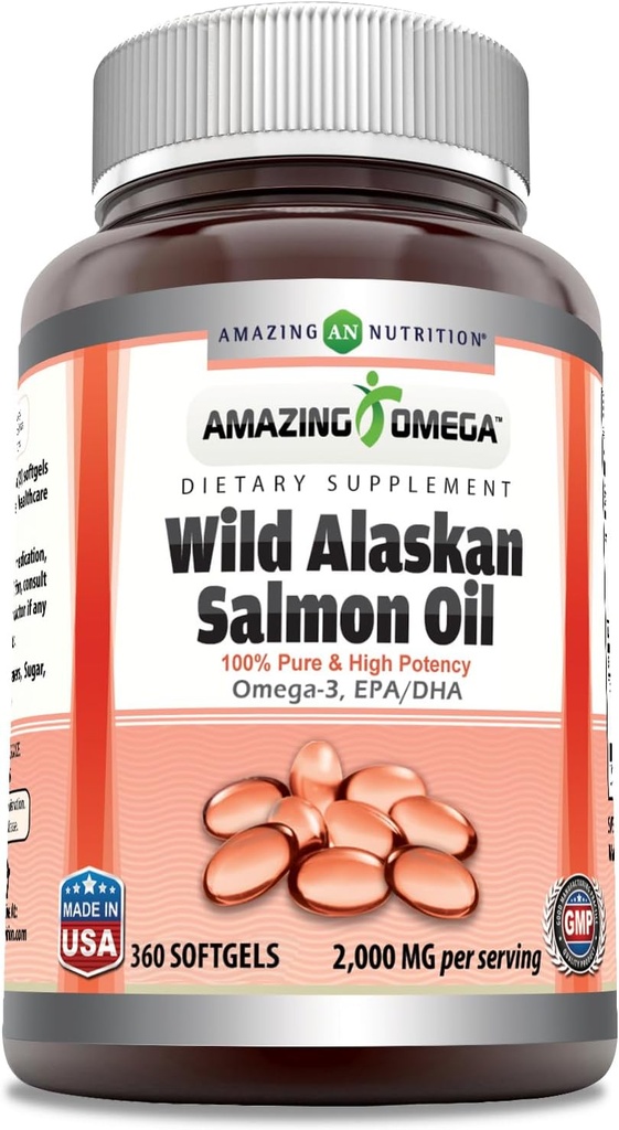 Amazing Omega Wild Alaskan Salmon Oil 2000mg Per Serving Softgels Supplement (360)