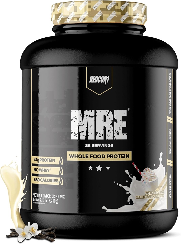 REDCON1 MRE Protein Powder, Vanilla Milkshake - Meal Replacement Protein Blend Made with MCT Oil & Whole Foods - Protein with Natural Ingredients to Aid in Muscle Recovery (25 Servings)