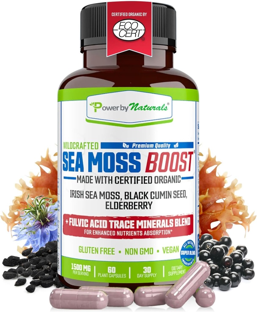 Power By Naturals Sea Moss Advanced with Black Seed Oil & Elderberry Capsules - Certified Organic Irish Sea Moss Capsules for Energy, Gut & Immune Support - Sea Moss Pills with (60+ Minerals) 60 Pills