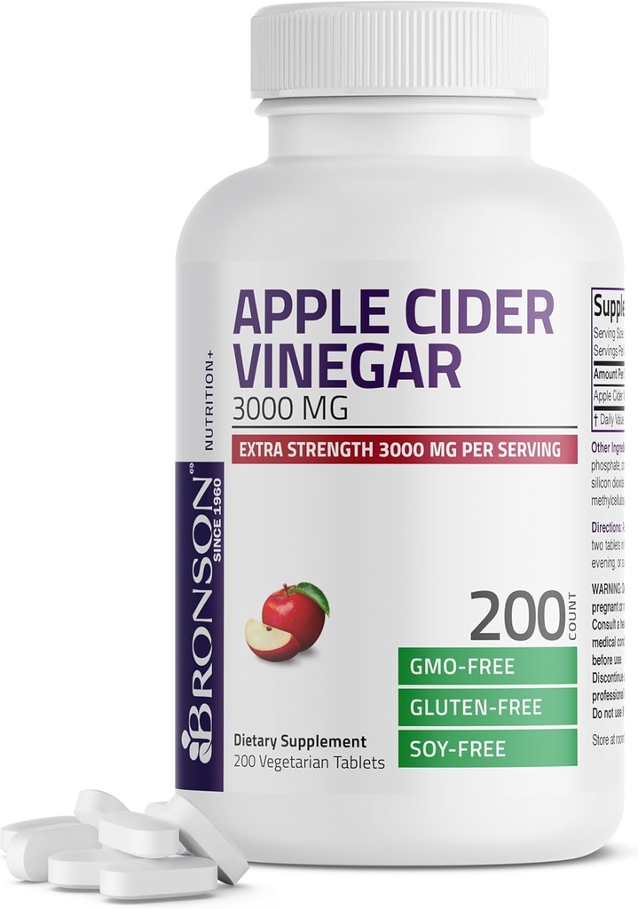 Bronson Apple Cider Vinegar 3000 MG per Serving Extra Strength - Non-GMO, 200 Vegetarian Tablets