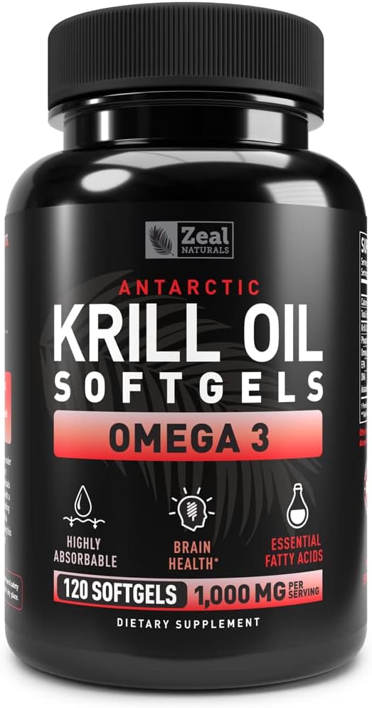 Antarctic Krill Oil 1000mg (120 Softgels) Omega 3 Fish Oil Supplement with EPA, DHA & Astaxanthin - for Joint, Brain, and, Heart Support for Men and Women