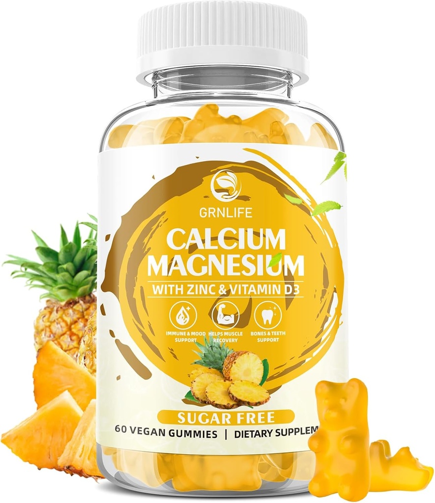 Calcium Magnesium Zinc Gummies with Vitamin D3, Sugar Free Calcium Gummies for Women Men, High Potency Magnesium Gummies for Bone & Muscle & Immune Health, Pineapple Flavor - 60 Count