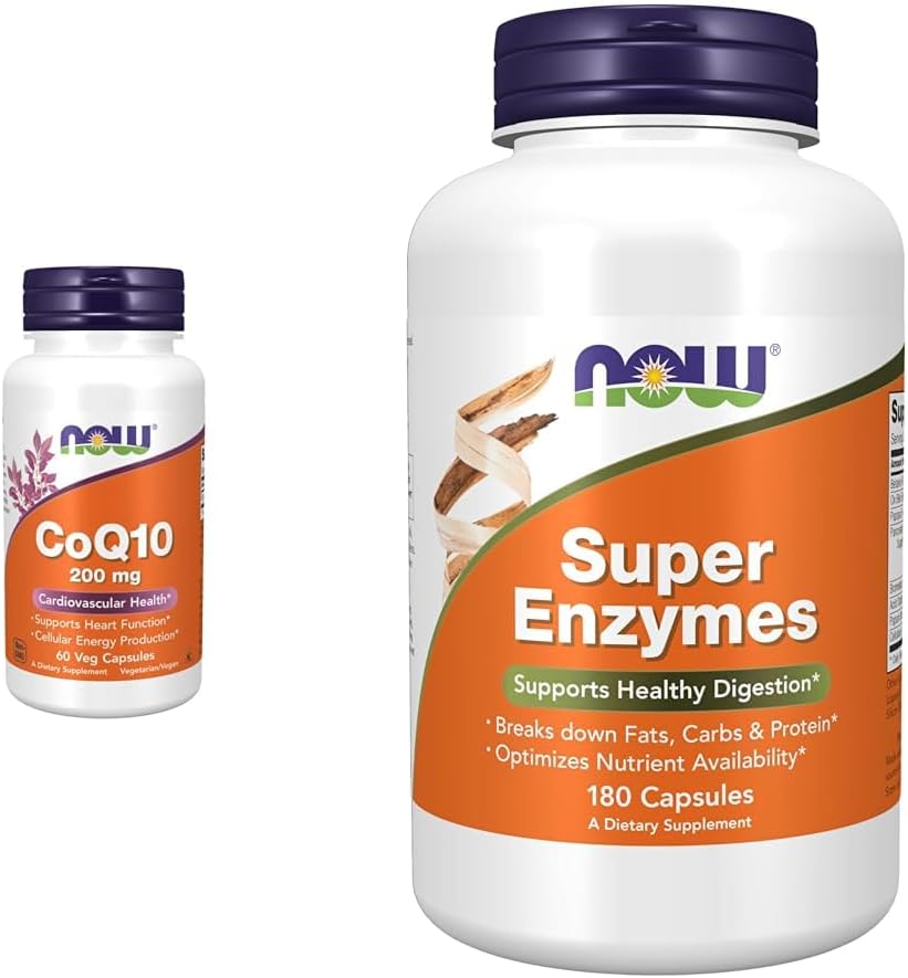 NOW Supplements, CoQ10 (Coenzyme Q10) 200 mg, Cardiovascular Health*, 60 Veg Capsules & Supplements, Super Enzymes, Formulated with Bromelain, Ox Bile, Pancreatin and Papain,180 Capsules