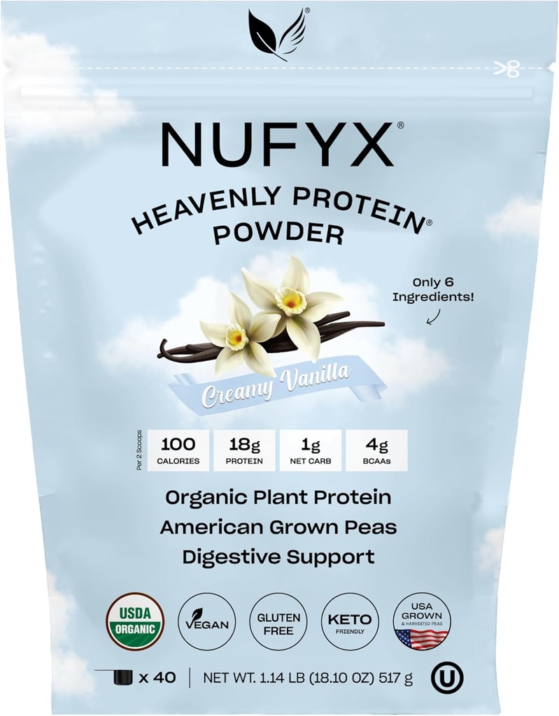 NUFYX® • Heavenly Protein® Powder • World’s Finest 100% Organic American Grown Peas • Vegan • Gluten Free • Low Carb (Creamy Vanilla, 40 Scoops)