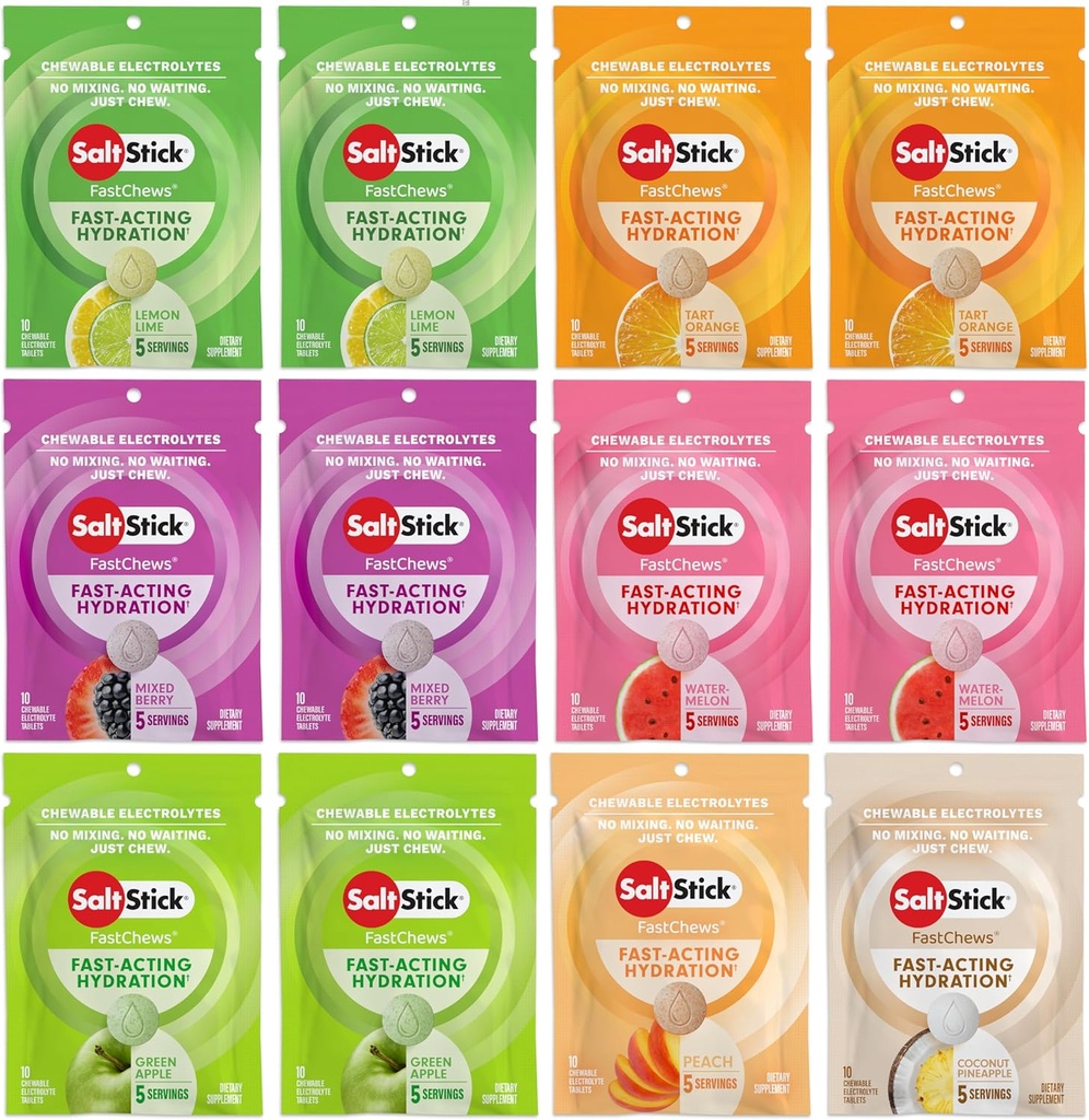 SaltStick Electrolyte FastChews - 120 Count Variety Pack - Chewable Electrolyte Tablets for Hydration, Salt Tabs - 10 Count (Pack of 12)