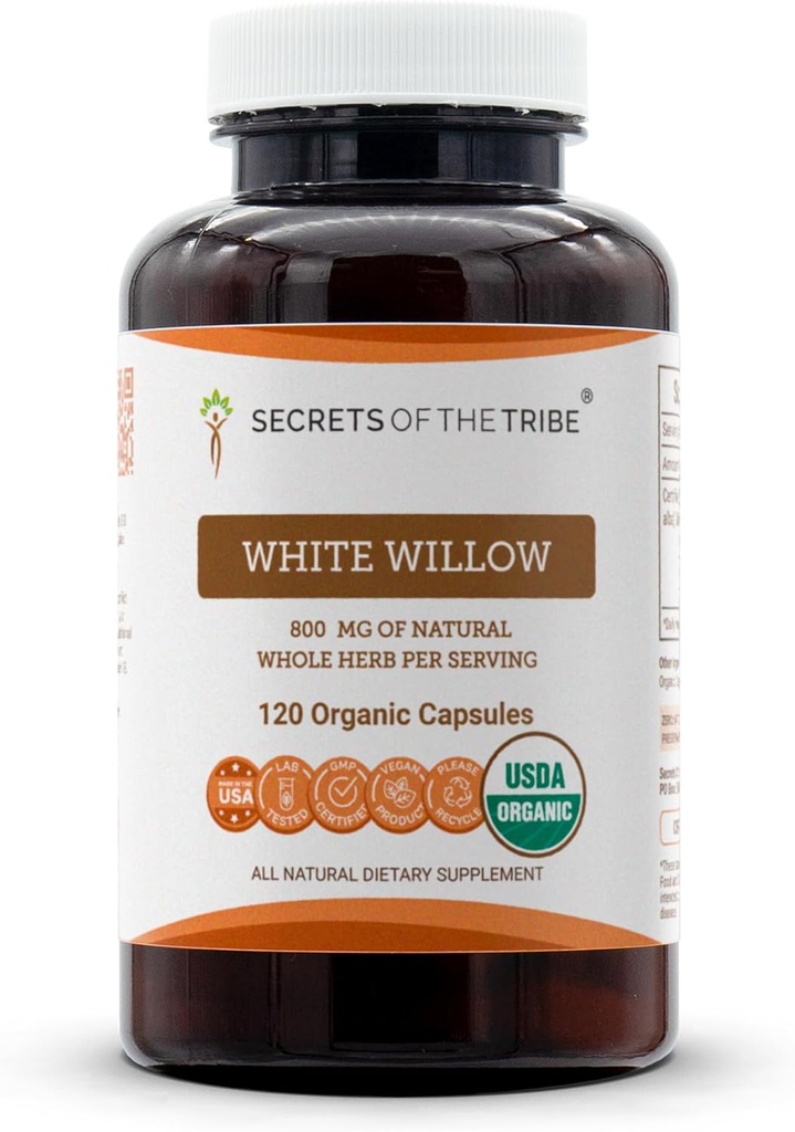 Secrets of the Tribe White Willow Capsules 800 mg USDA Organic White Willow (Salix Alba) Dried Bark (120 Capsules)