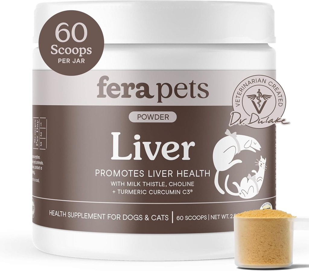Fera Pets Liver Supplement for Dogs & Cats with Milk Thistle, Choline & Turmeric - Organic Botanicals - Enhances Liver Function, Immunity, Detoxification, & Metabolic Function - Powder - 60 Scoops
