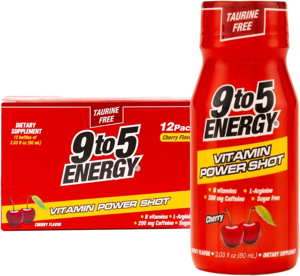Vitamin Power Shot - Cherry Flavor, Taurine-Free, Sugar-Free, 12 Pack (2.03 fl oz Each) - Boost Energy, Focus, and Vitality with B Vitamins and L-Arginine