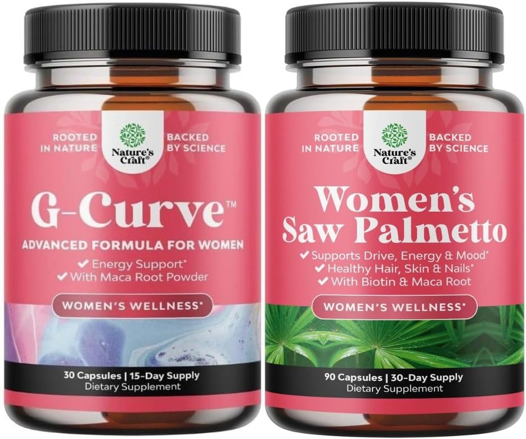 Bundle of G Curve Horny Goat Weed for Women for Enhanced Energy Mood Performance and Extra Strength Saw Palmetto for Women 500mg - DHT Blocker - 30-Day Supply - Hair Vitamins for Hair Loss Supplement