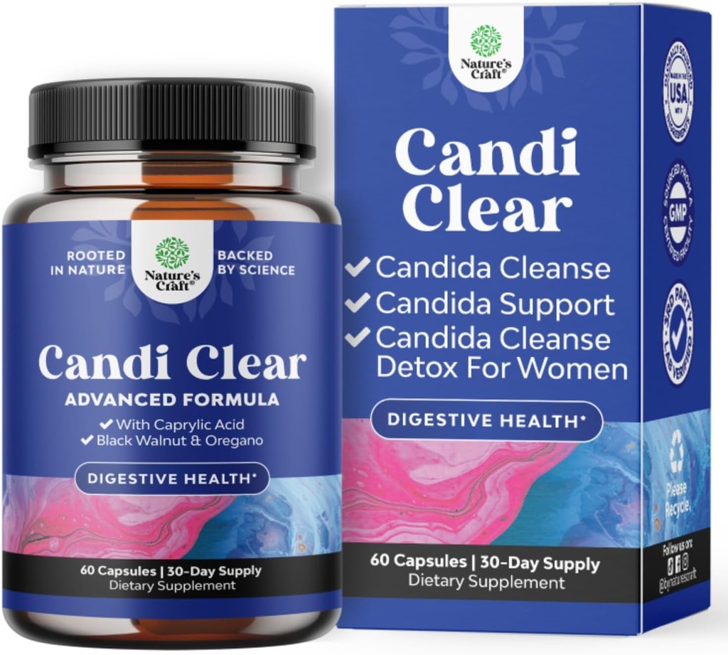 Natures Craft Candi-Clear Body Cleanse Detox for Women - Anti Overgrowth Gut Detox for Women with Caprylic Acid Black Walnut Wormwood and Oregano - Full Body Cleanse with Pre and Probiotics