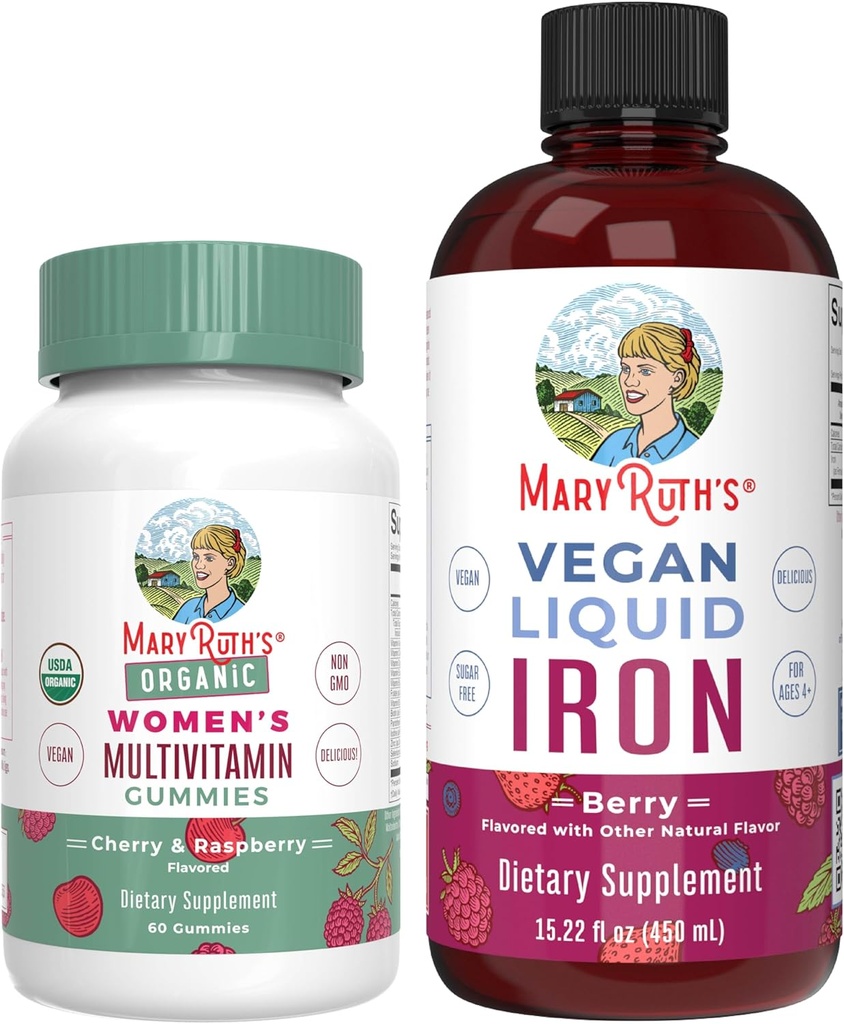 MaryRuth's Multivitamin Gummies for Women (Cherry & Raspberry) & Iron Liquid Supplement (Berry) | Clean Label Project Verified® | USDA Organic, Vegan, Non-GMO | Beauty, Immunity & Overall Health