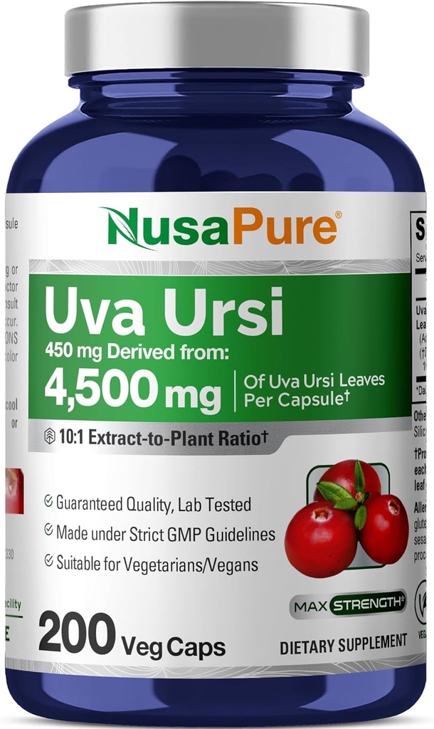 NusaPure Uva Ursi 10:1 Extract, 450 mg Equivalent to 4,500mg 200 Vegetarian caps (Non-GMO, Vegan) Bearberry