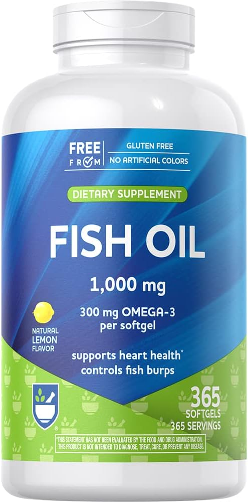 Rite Aid Fish Oil 1000mg, 365 Softgels - Natural Lemon Flavor, with EPA and DHA, Supports Heart, Brain and Vision Health