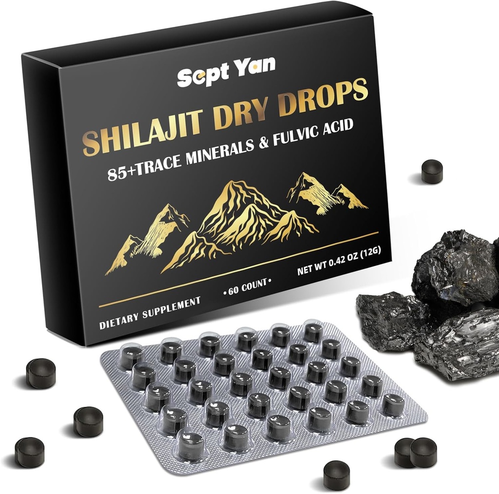 Shilajit Pure Himalayan Organic Dry Drops Shilajit Resin Supplement (60 Tablets - 200mg Each), Shilajit for Men Women with 85+ Trace Minerals & Fulvic Acid for Energy, Immunity, Brain Support