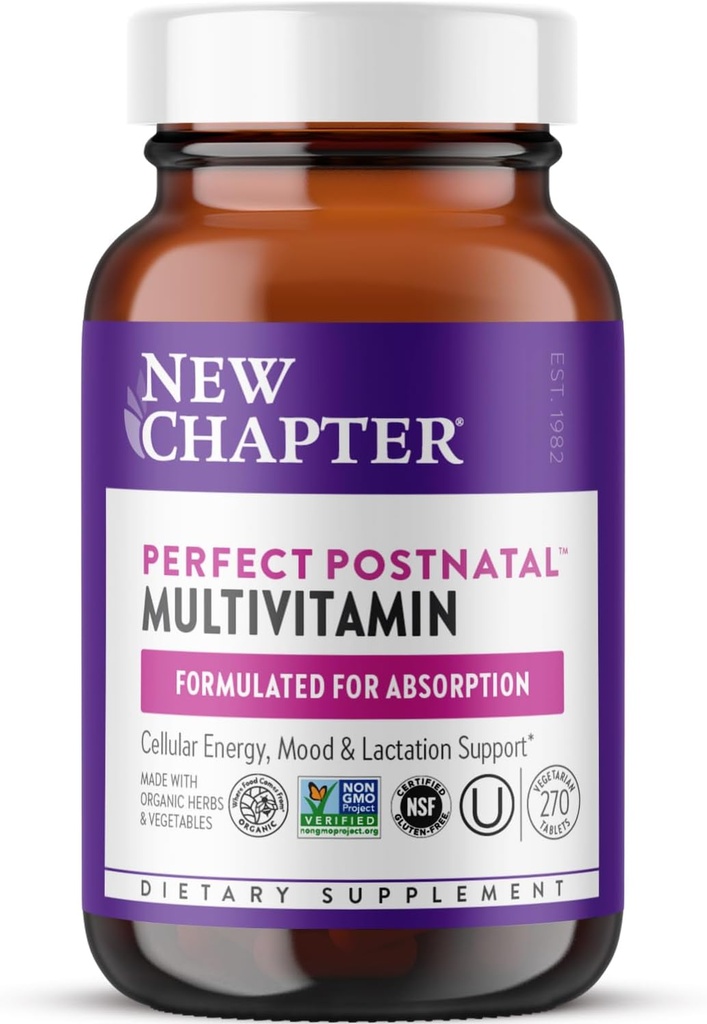 New Chapter, Postnatal Vitamins Lactation Supplement, Complete Multivitamin with Fermented Vitamin D3 + B Vitamins, Made with Organic Vegetables & Herbs, Non-GMO Ingredients, 270 Count