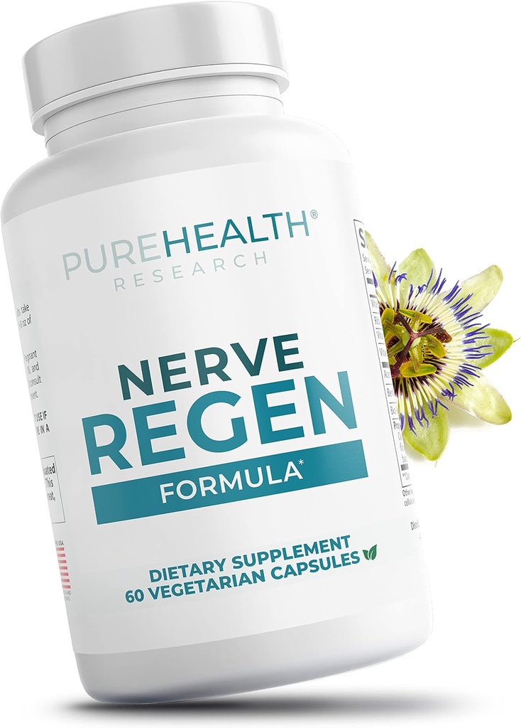 PUREHEALTH RESEARCH Nerve Regen Formula - Nerve Support Supplement for Feet & Hands - with Alpha Lipoic Acid ALA, Benfotiamine, Acetyl L-Carnitine, Riboflavin, Vitamin B6, B12, D & More - 60 Capsules