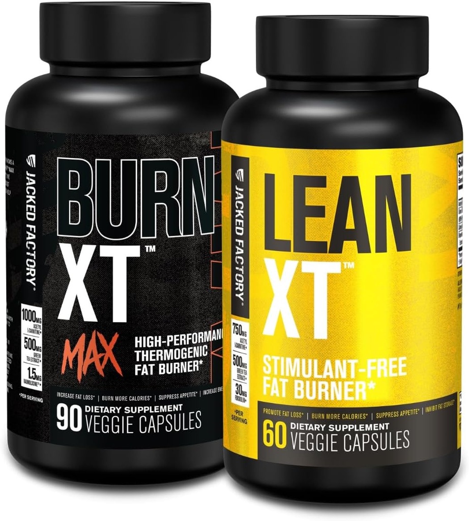 Jacked Factory Fat Burning Stack - Burn XT Max High Performance Fat Burner (90 Capsules) - Lean XT Stimulant-Free Weight Loss Amplifier and Appetite Suppression (60 Capsules)