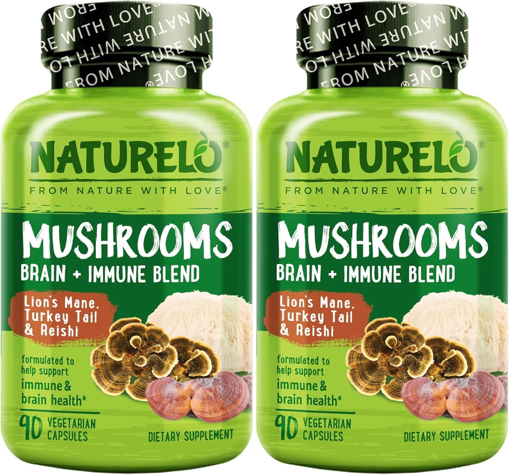 NATURELO Mushroom Supplement – Brain & Immune Health Blend with Lion’s Mane, Reishi, Turkey Tail – 90 Vegan Friendly Capsules (Pack of 2)