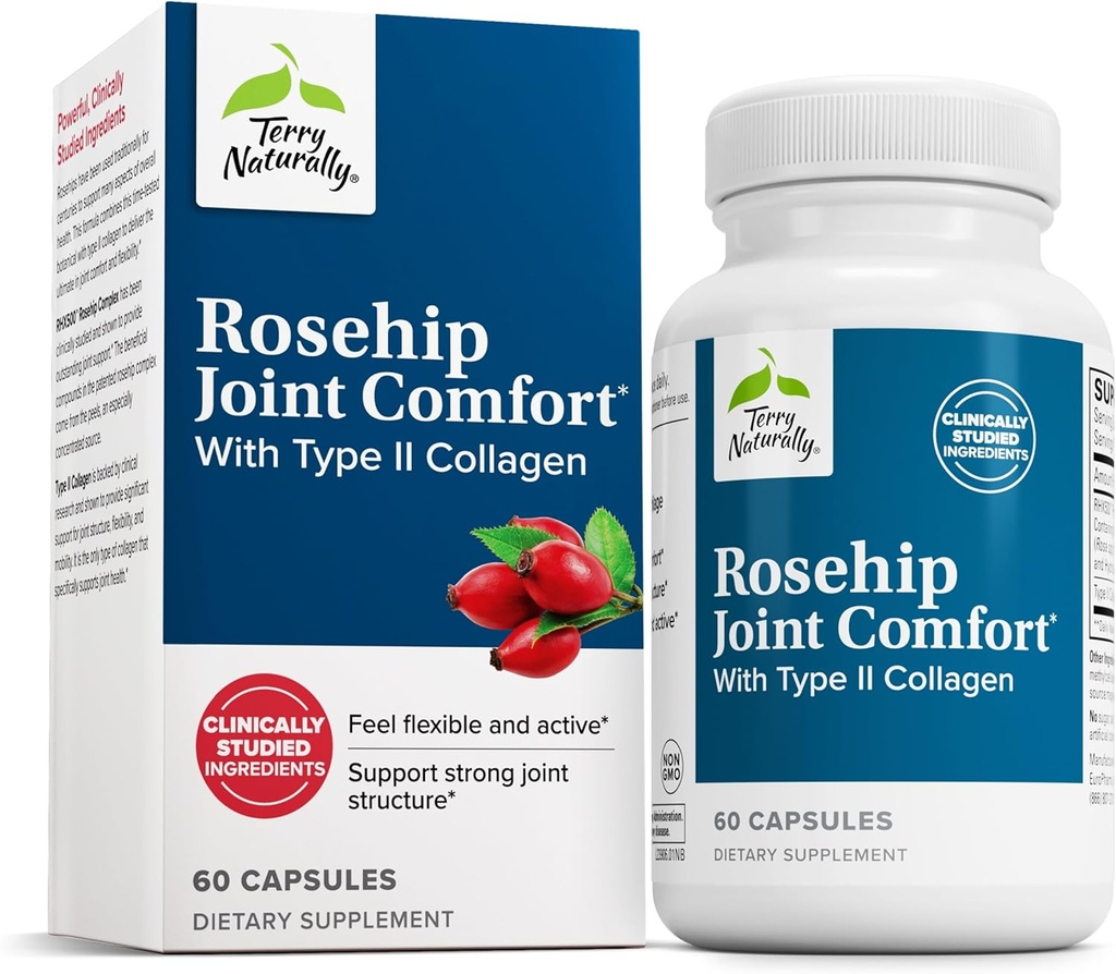 Terry Naturally Rosehip Joint Comfort - Healthy Joint Mobility & Flexibility Support Supplement - Supplement with Type II Collagen - Joint Structure & Cartilage Supplement - 60 Capsules