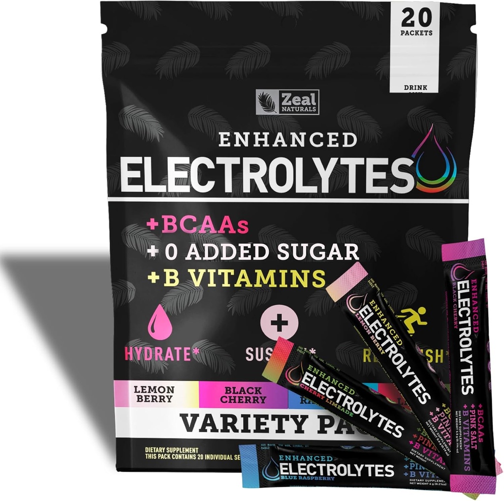 Zeal Naturals Enhanced Electrolyte Powder Stick Packs (Variety Pack - 20 Packets) Sugar Free + BCAA B-Vitamins & Pink Himalayan Salt - Keto Electrolytes, Hydration Powder
