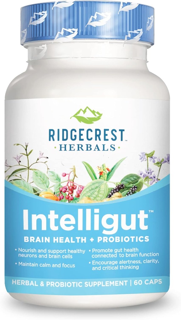 RidgeCrest Herbals Intelligut, Brain and Mood Boosting Supplement for Memory and Focus with Ginkgo Biloba, Lemon Balm Extract, Supports Gut Health, Shelf Stable Probiotic, 60 Vegan Capsules
