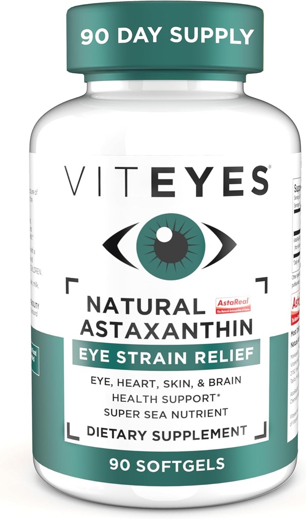 Viteyes Natural Astaxanthin, Relieve Tired Eyes & Eye Strain, Sourced from Algae, Skin Hydration, Heart & Brain Health, 4 to 8 mg Natural Astaxanthin, 90 Softgels