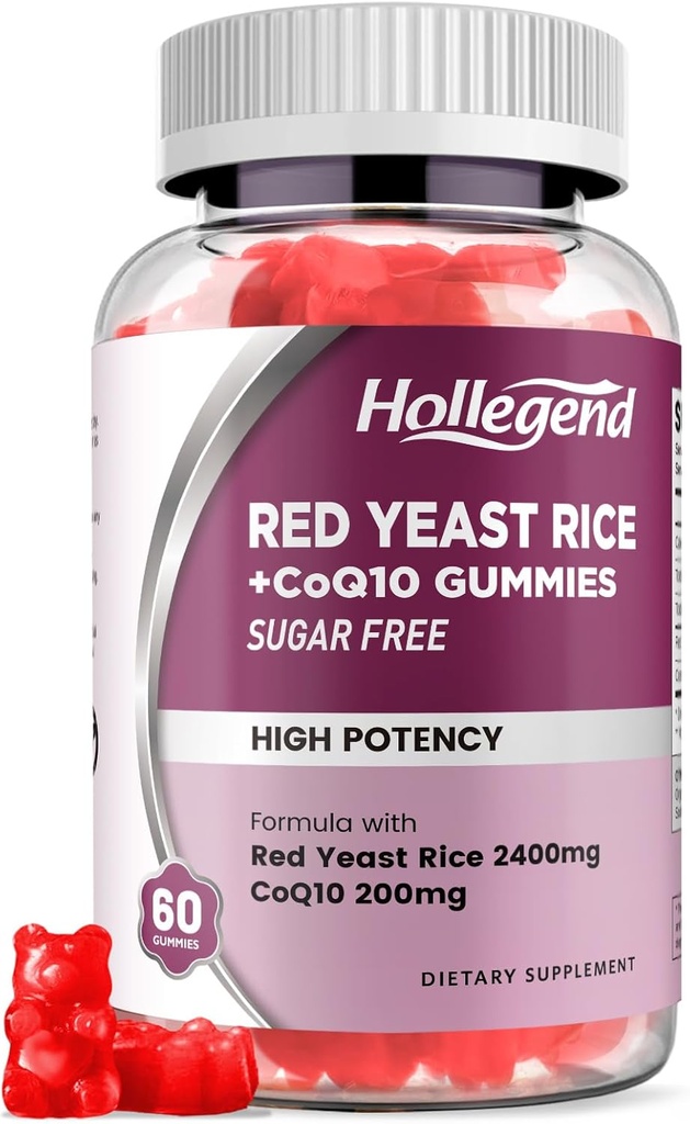 Hollgend Red Yeast Rice with Coq10 Gummies Sugar Free, Organic Red Yeast Rice 2400mg for Cholesterol Lowering Supplements, Enhanced with Coenzyme Q10 200mg for Heart Health Support，60 Counts