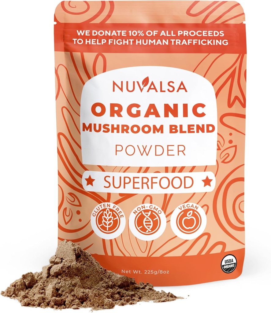 Organic Mushroom Powder Blend - Reishi, Lion's Mane, Chaga & Cordyceps Mushrooms Supplement Extract Complex, Mushroom Complex for Focus, Detox & Immune Defense, Add to Coffee & More