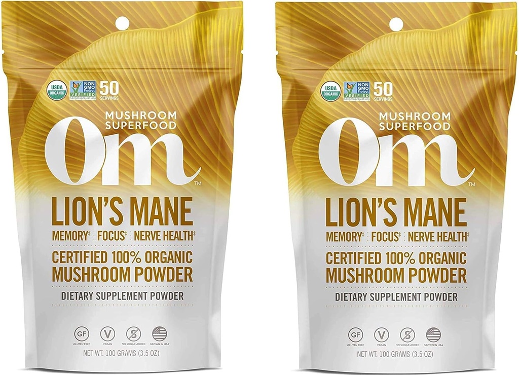 Om Organic Mushroom Superfood Powder, Lions Mane, 3.5 Ounce (50 Servings) (Тwo Рack)