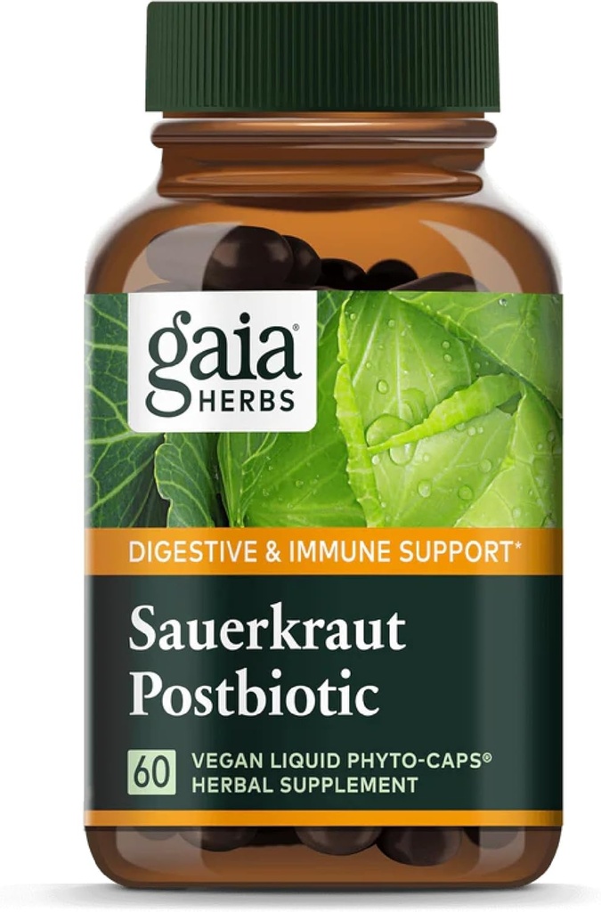 Gaia Herbs Sauerkraut Postbiotic - Natural Gut Health & Immune Support Supplement - Made with Fermented Sauerkraut - Free from Dairy, Soy & Gluten - 60 Vegan Capsules (30 Servings)