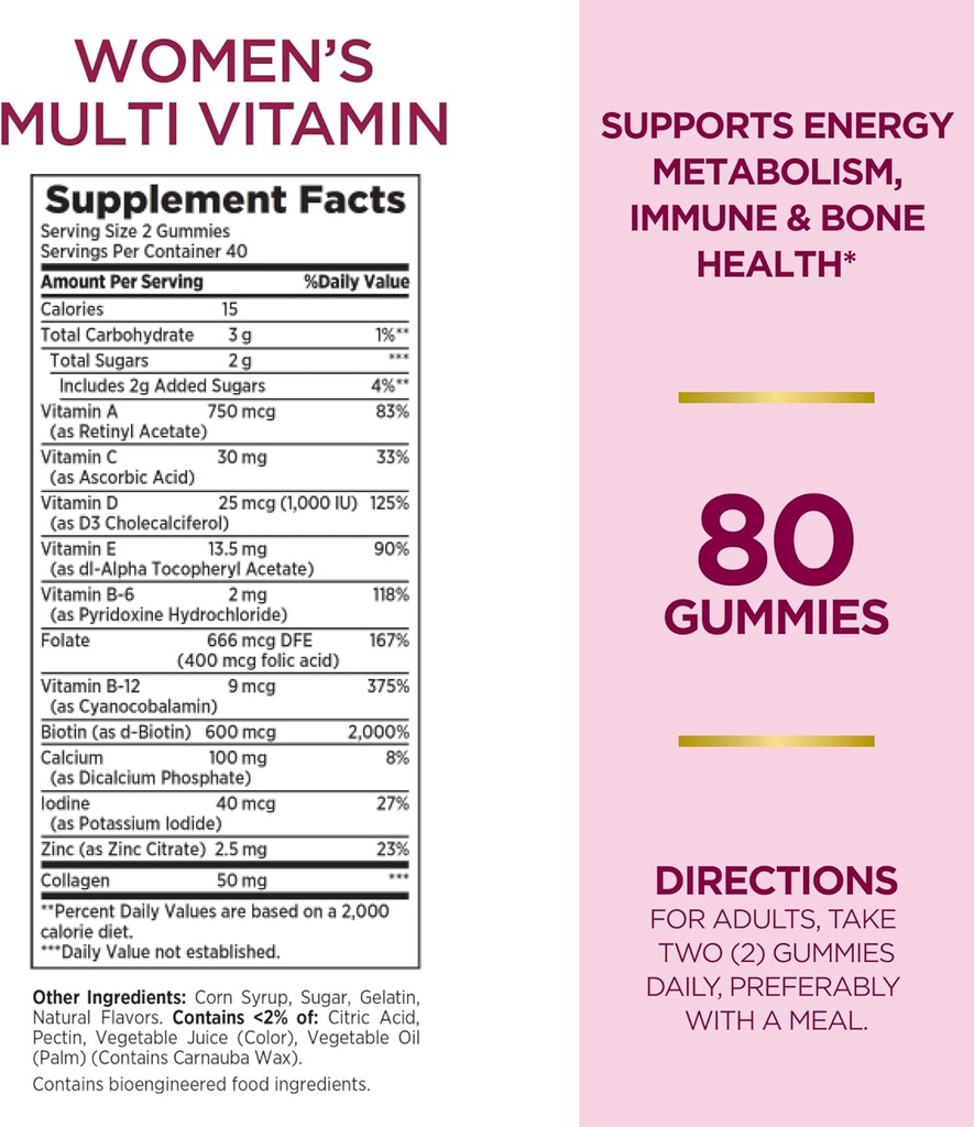 Nature's Bounty Optimal Solutions Women's Multivitamin, Immune and Cellular Energy Support, Bone Health, Raspberry Flavor, 80 Gummies (Pack of 2)
